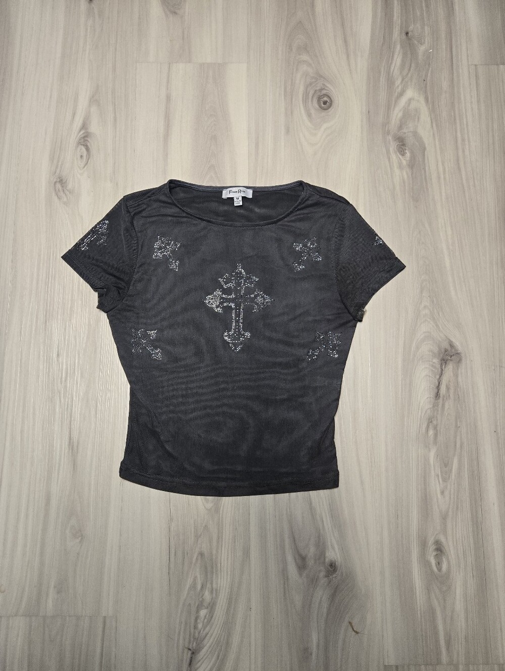 Faded Rose Sheer Mesh Rhinestone Gothic Cross Baby Tee Medium Cyber Grunge